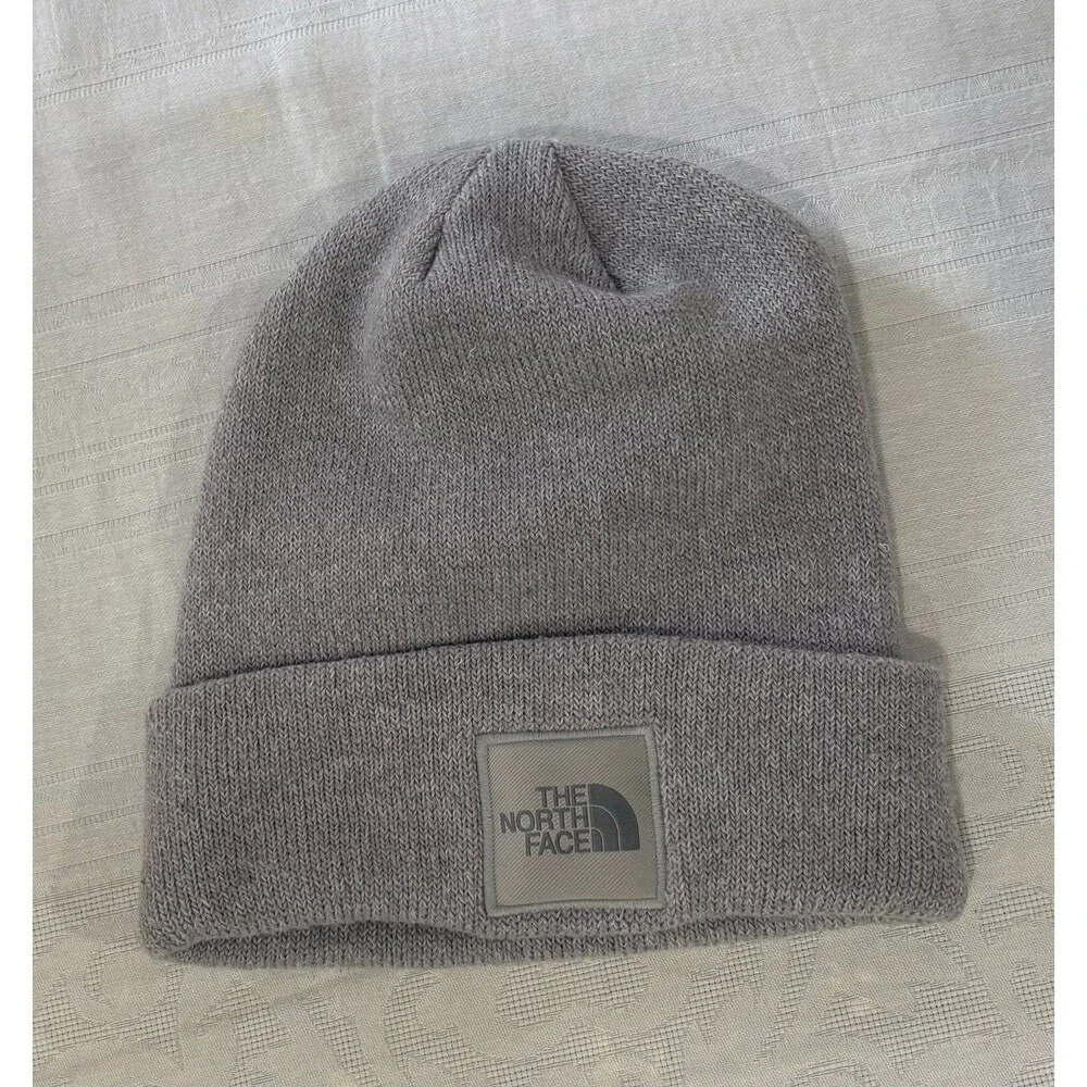 The North Face Big Box Beanie Gray Logo Patch Cuffed Knit Hat Unisex One Size